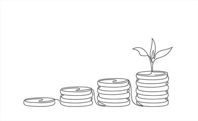 Wall Mural - Coins stack with leaves branch continuous one line drawing. Business investing concept. Vector illustration isolated on white.