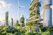 A futuristic renewable energy complex with vertical wind turbines and high-efficiency solar panels in an urban setting Architecture for energy conservation and sustainability
