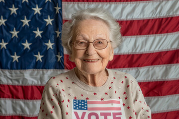 Wall Mural - A senior female USA American election voter portrait in front of American flag