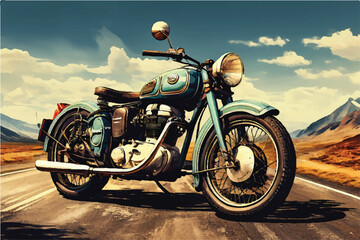 Vintage classic motorbike on highway illustration. Retro style motorbike illustration. illustration of classic motorcycle. Vintage motorcycle. Classic Motor bike on highway road.  Royal Enfield. 