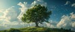 © 2rogan - A painting depicting a tall tree standing proudly atop a hill, surrounded by lush greenery and a clear blue sky. The trees branches reach towards the heavens, creating a striking contrast against the