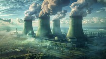 Atomic Nuclear Reactor Or Power Plant Refinery Industrial Factory With Cooling Towers And Smoke Chimney As Wide