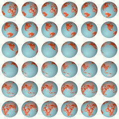 Fototapete - Collection of planet globes. Slanted sphere view. Rotation step 10 degrees. Colored countries style. World map with graticule lines on light background. Superb vector illustration.
