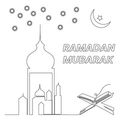 Ramadan Mubarak continuous one line art drawing vector design and illustration