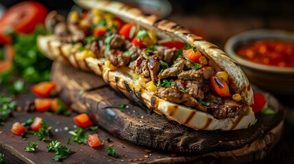 Wall Mural - Sizzling shawarma sandwich with vibrant ingredients perfect for menu advertising. Concept Food Photography, Shawarma Sandwich, Colorful Ingredients, Appetizing Presentation, Menu Advertising