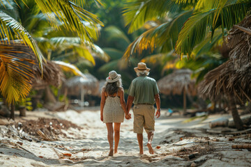 Asian senior couple in love walking on sandy beach on seashore