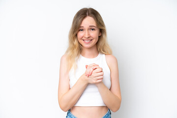 Wall Mural - Blonde English young girl isolated on white background laughing