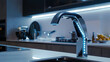 A futuristic kitchen faucet with touchless technology and a LED light indicator, offering convenience and style.