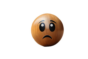 Wooden sad face ball icon isolated on wooden background with copy space. Customer dissatisfaction or unhappy client or user. Service or product rating. Mental health and emotional state concept