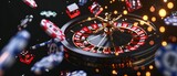 Fototapeta Sport - Casino theme. Roulette wheel and chips on black background. 3d illustration. Online Casino and Betting Concept with Copy Space. Gambling Concept.