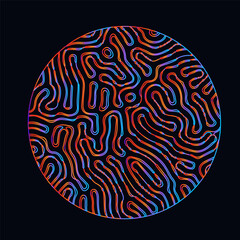 Poster - Neon holographic circle with warped and glitched texture of lines.
