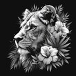 Monochrome Lion with Floral Motifs Illustration