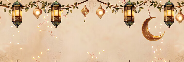 Garland with lanterns and moon adorn a festive Islamic backdrop Moroccan lanterns at night. Glittering party garlands. Ramadan kareem, Eid Mubarak. Eastern holiday design on beige background.