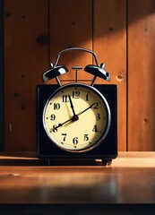 Black clock alarm on the wooden table 