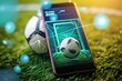 Soccer ball and mobile phone on green grass background. Soccer concept. Online Casino and Betting Concept with Copy Space. Gambling Concept.