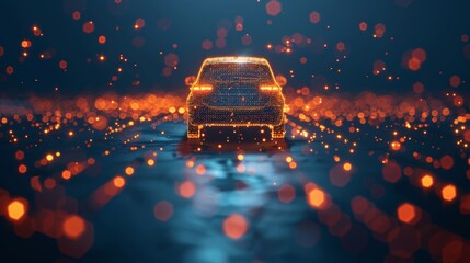 Poster - futuristic electric car on holographic wireframe digital technology background concept