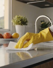 Wall Mural -  A woman's hand in a yellow protective glove wipes the kitchen counter with a white cloth. Kitchen cleaning concept