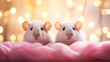 Two cute mice peek over a wooden banner. Promotional banner for pet shop or vet clinic. Background with cute pets and copy space