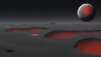 Wall Mural - _A dark gray moon with a rough surface and ridges. The moon is orbiting a red and black planet  