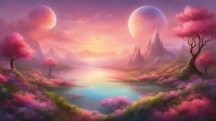 Wall Mural - landscape with moon and clouds _A beautiful and serene planet with lush and colorful flora, crystal lakes, and a pink sky.  