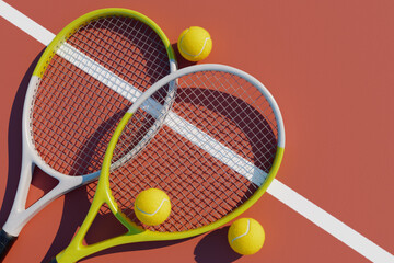 Wall Mural - Two tennis rackets and balls on the court. Top view 3D rendering