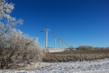 row of wind turbines in winter