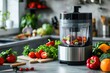 Juicer with assorted vegetables on a modern kitchen - An electric juicer is surrounded by an assortment of fresh vegetables ready to be juiced in a modern, stainless steel kitchen environment for a nu