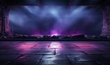 Fototapeta Przestrzenne - Neon ancient stone room with mystical bonfire background. Abandoned 3d magic demon summoning hall with purple blazing fire and rays of light from ceiling