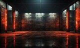 Fototapeta Do przedpokoju - Underground concrete room with red lighting. Blank 3d cyber garage with industrial design and columns with basement exits and laser reflections on floor