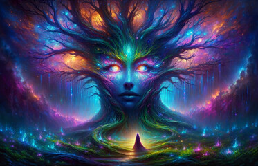 Wall Mural - An AI-generated vibrant landscape where a majestic, ancient tree forms a woman's face with powerful cosmic eyes amidst a colorful, star-filled backdrop.
