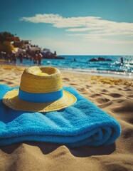 Wall Mural - blue towel with hat and summer beach 