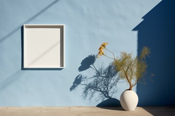 Wall Mural - Sunlight and white blank frame for photo with shadow on blue wall