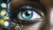 glamour woman blue eye with defocused lights,extreme close-up,looking,curiosity,imagination,vision,fantasy