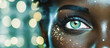 black woman face with turquoise eye,close-up against defocused lights background,looking,curiosity,see,attention,fantasy,copy space for text