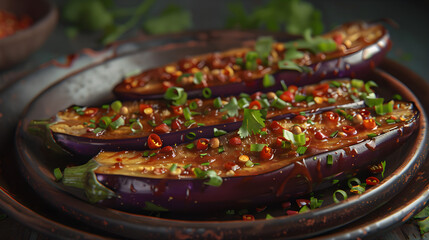 Wall Mural - Spicy garlic eggplant dish close-up