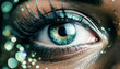 glamour woman blue eye extreme close up with defocused lights,vision,attention,scrutinity,interest,awareness,immagination,daydream