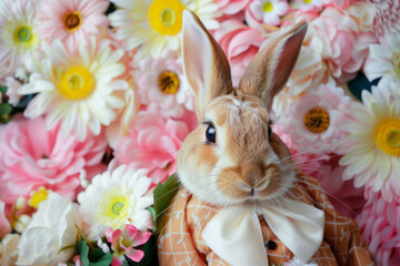 Wall Mural - Easter bunny dressed  in a costume on a floral background. Generative AI