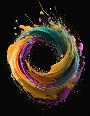 Wall Mural - Abstract circle liquid motion flow explosion. Curved wave colorful pattern with paint drops on black background 