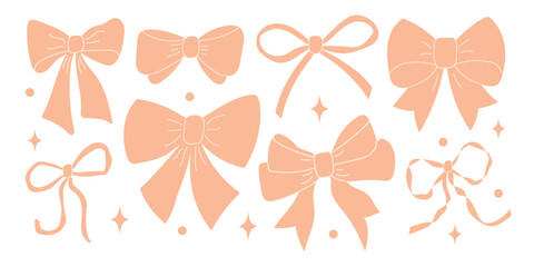 Wall Mural - Set of various peach fuzz bow knots, gift ribbons. Trendy hair braiding accessory.
