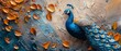 Decorative artistic background with peacock, retro, nostalgic, golden brushstrokes. Contemporary Artwork. leaves, blue, gray, poster, card, rug, hanging, print, wallpaper, poster.