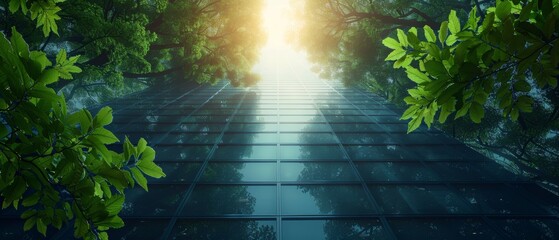 Poster - Modern eco-friendly building with green leaves and green tree branches. Using glass to reduce heat and carbon dioxide.