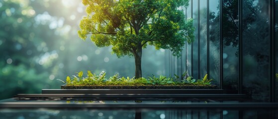 Poster - An eco-friendly building with a vertical garden in a modern city. Green tree forest on a glass building. Green environment in an office building. Go green for the future.