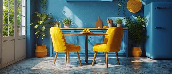 Aufkleber - Design in the style of minimalism. Round dining table with yellow chairs in the kitchen.