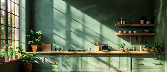 Poster - Three-dimensional illustration of a green kitchen with a large island and tall cabinets.