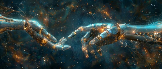 Leinwandbilder - AI, Machine learning, Robotics and humans touching on big data network connections. Science and artificial intelligence technology, innovation, and future.