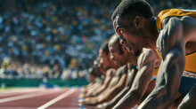 Olympic Runners At The Starting Blocks In A Stadium, Intense Focus Before The Gunshot, Crowded Stands In The Background, The Spirit Of Competition And Global Unity