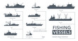 Fishing vessels icon set. Fishing ships silhouette on white. Vector illustration