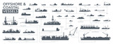 Fototapeta Pokój dzieciecy - Offshore and coastal vessels icon set. Offshore and coastal ships silhouette on white. Vector illustration