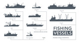 Fototapeta Pokój dzieciecy - Fishing vessels icon set. Fishing ships silhouette on white. Vector illustration