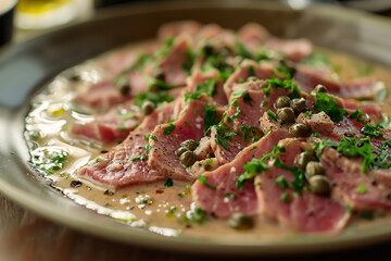 Wall Mural - A plate of vitello tonnato, a classic Piedmontese dish made with thinly sliced veal, tuna sauce, and capers